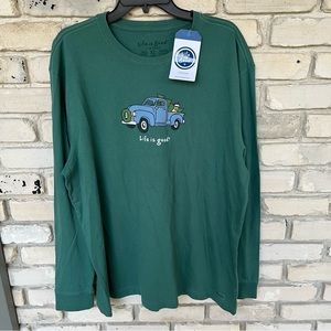 Life is good vintage men Christmas shirt showing his truck with tree and dog